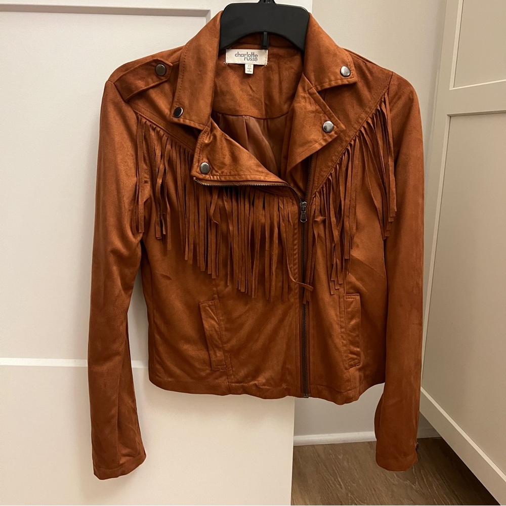 Charlotte Russe Fringe Faux Suede Moto Jacket – Rust Brown – Size XS